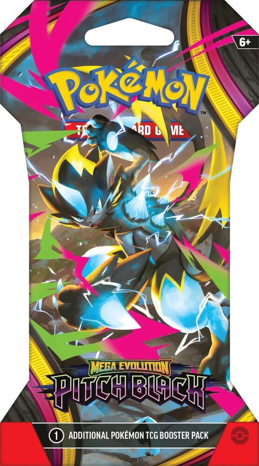 Release Date  07/17/2026
Each sealed Pitch Black Sleeved Booster Pack contains 10 random cards. Delve into Darkness Beyond Limits! Twinkling city lights and a starry sky become obscured in darkness as Mega Darkrai ex arrives with mystery and malice! But Mega Zeraora ex fights back with thunderous strikes of lightning, leading the way for Mega Chandelure ex, Mega Excadrill ex, and more to join the fray. Shadows deepen and nightmares become reality in the Pokemon TCG: Mega Evolution- Pitch Black expansion! Ov