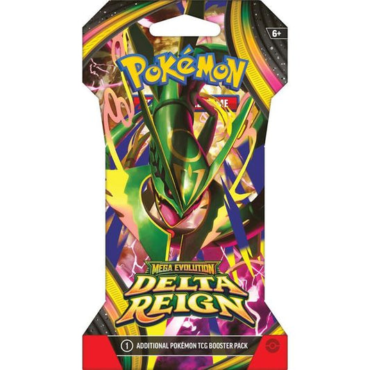 <p><strong>Release Date November 6th, 2026</strong></p>

<p>A Legendary Storm Is Stirring!
A thunderous roar from above heralds the descent of a renowned ruler of the sky! Mega Rayquaza ex brings unparallelled strength to battle, inspiring Mega Golurk ex, Mega Malamar ex, and Mega Golisopod ex to come forth and put their own skills to the test. Prevailing winds lead to legendary places and emerald-colored storms in the Pokémon TCG: Mega Evolution—Delta Reign expansion!
Pack contains 10 random cards; individ
