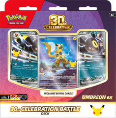 Release Date October 30th, 2026
Celebrating 30 Years of Pokémon! Commemorate 30 years of joy with fan-favorite Pokémon spanning three dazzling decades! Celebrate this magnificent milestone with the mighty presences of Mewtwo ex and Mew ex, followed by a wealth of allies like Umbreon ex, Salamence ex, and Greninja ex. Plus, there are 30 reasons to honor Pikachu, as each booster pack contains one—with 30 unique variations to collect as Pikachu rare cards! And, whether you’re looking forward to a glittering fu