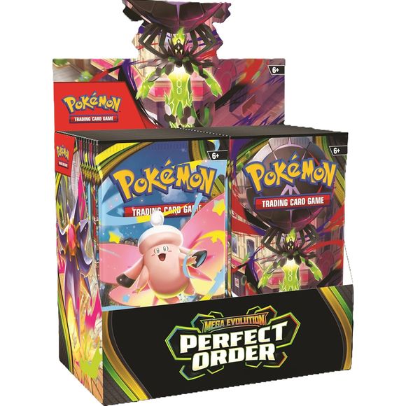 LIMIT 3 per person

Release Date: 03/27/2026
Booster box contains 36 packs of Perfect Order
Secret Powers Awaken! The pulse of the city beats in sync with the Pokemon and people who call it home- and preserving the order of it all is Mega Zygarde ex, the Legendary Pokemon who embodies strength in numbers! With threatening forces held at bay, peaceful days are ahead for the city's residents, including Pokemon like Mega Clefable ex, Mega Starmie ex, and Meowth ex, in the Pokemon TCG: Mega Evolution Perfect Or