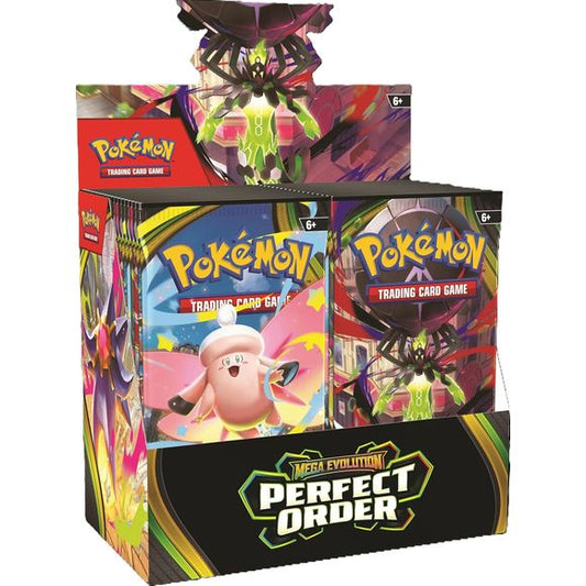 LIMIT 3 per person

Release Date: 03/27/2026
Booster box contains 36 packs of Perfect Order
Secret Powers Awaken! The pulse of the city beats in sync with the Pokemon and people who call it home- and preserving the order of it all is Mega Zygarde ex, the Legendary Pokemon who embodies strength in numbers! With threatening forces held at bay, peaceful days are ahead for the city's residents, including Pokemon like Mega Clefable ex, Mega Starmie ex, and Meowth ex, in the Pokemon TCG: Mega Evolution Perfect Or