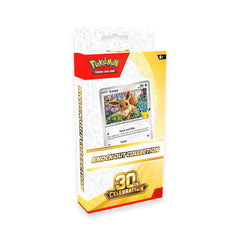 Celebrate 30 years of Pokémon and discover a treasure trove of Pokémon TCG fun in this special set featuring the Evolution Pokémon Eevee as a cool foil card! You’ll also find two Pokémon TCG booster packs to open, plus a plastic coin.

Includes:
1 foil card featuring Eevee
1 plastic coin
2 Pokémon TCG booster packs from the 30th Celebration expansion