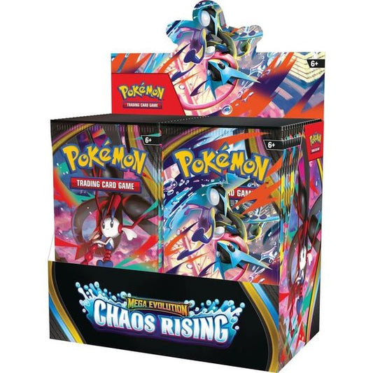 LIMIT 3 per person

Release Date: 05/22/2026
Booster box contains 36 packs of Chaos Rising
Take On the Challenge of an Eternity! The hustle and bustle of the city turns into havoc as Mega Floette ex brings turmoil to the streets! Filled with courage and determination, Mega Greninja ex gathers other powerful Mega Evolution Pokemon ex, including Mega Pyroar ex and Mega Dragalge ex, to ward off this growing threat. As night falls, danger blossoms in the Pokemon TCG: Mega Evolution- Chaos Rising expansion! Over