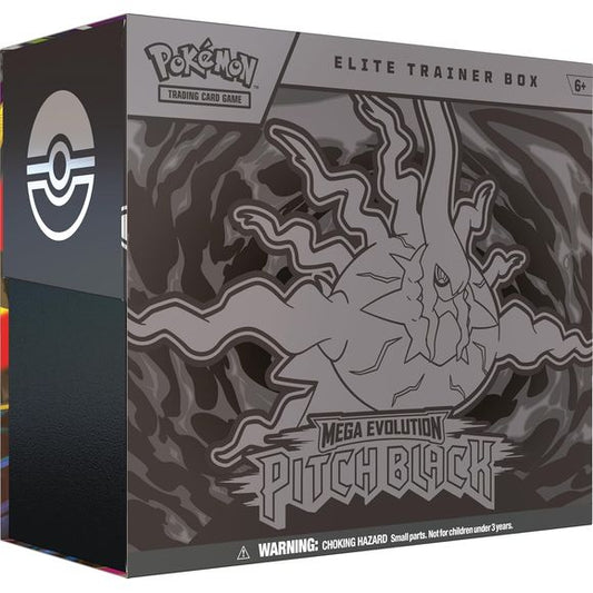 LIMIT 3 per person

Release Date:  07/17/2026
Delve into Darkness Beyond Limits! Twinkling city lights and a starry sky become obscured in darkness as Mega Darkrai ex arrives with mystery and malice! But Mega Zeraora ex fights back with thunderous strikes of lightning, leading the way for Mega Chandelure ex, Mega Excadrill ex, and more to join the fray. Shadows deepen and nightmares become reality in the Pokemon TCG: Mega Evolution- Pitch Black expansion! The Pokemon TCG: Mega Evolution- Pitch Black Elite T