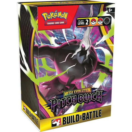 Release date: 7/31/2026

Delve into Darkness Beyond Limits!
Twinkling city lights and a starry sky become obscured in darkness as Mega Darkrai ex arrives with mystery and malice! But Mega Zeraora ex fights back with thunderous strikes of lightning, leading the way for Mega Chandelure ex, Mega Excadrill ex, and more to join the fray. Shadows deepen and nightmares become reality in the Pokémon TCG: Mega Evolution—Pitch Black expansion!
Contents:
• A 40-card ready-to-play deck, including 1 of 4 unique foil pro