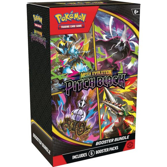 LIMIT 3 per person

Release Date: 07/17/2026
Delve into Darkness Beyond Limits! Twinkling city lights and a starry sky become obscured in darkness as Mega Darkrai ex arrives with mystery and malice! But Mega Zeraora ex fights back with thunderous strikes of lightning, leading the way for Mega Chandelure ex, Mega Excadrill ex, and more to join the fray. Shadows deepen and nightmares become reality in the Pokemon TCG: Mega Evolution- Pitch Black expansion! Expand your collection with this Booster Bundle conta