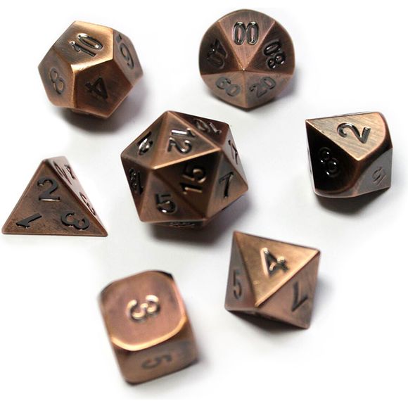 The perfect companion for your gaming needs! These premium die-cast polyhedral dice are exactly what you've been searching for that upcoming game night with the group. Each set weighs roughly 5 ounces and are stored in a quality, brushed metal tin with foam insert. These dice are a rich metal with nice weight to them and engraved each with crisp, easy-to-read numerals. Many styles and colors are available.

This set includes on of each: d20, d12, d10, d10 (percentile), d8, d6, and a d4 (7 dice in total) i