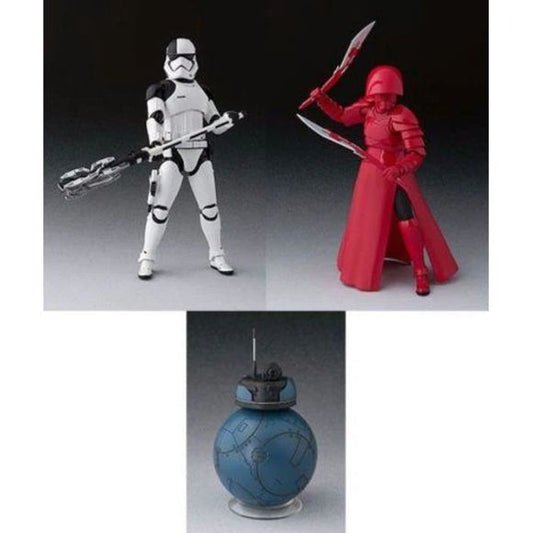 This special "Star Wars: The Last Jedi" set from Bandai features the S.H.Figuarts Executioner, S.H.Figuarts Elite Pretorian Guard - Double Blade, and even a bonus BB-2 unit!  The Executioner comes with a rifle, a pistol, and his wicked-looking staff weapon with parts to display the business end open or closed, and the Elite Pretorian Guard - Double Blade has two types of swords and his special weapon, which can be used as two single blades or a long double-blade! 
Includes:
Main body
Interchangeable hand