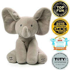 GUND is proud to present Flappy the Elephant - an adorable singing animated plush with two different play modes. Press the left foot to play an interactive game of peek-a-boo, and the right to hear the song "Do Your Ears Hang Low" in a cute child's voice. Ears move and flap during play. Surface-washable for easy cleaning. Appropriate for all ages. Three "AA" batteries included with purchase. Since 1898, GUND has been a premier plush company recognized worldwide for quality innovative products. Building upon
