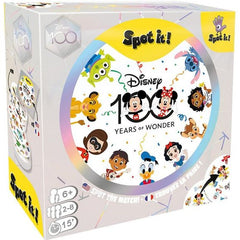 Spot the match among your favorite Disney and Pixar characters in this special Disney 100 edition of the classic Spot It! Game: the game of observation and quick reflexes for all ages! Be the first to name the only matching symbol between two cards to win! Includes 90 big cards and 5 mini games, with an all-new special mini game for this edition: Star Match!