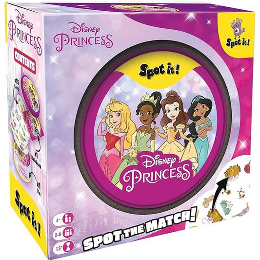 Spot It! Is a game of observation and quick reflexes for all! There is always only 1 matching symbol between 2 cards! Spot it first and you win! Spot It! Has 5 different ways to play, and this version of spot it features classic icons, items, and characters related to the beloved Disney Princesses.