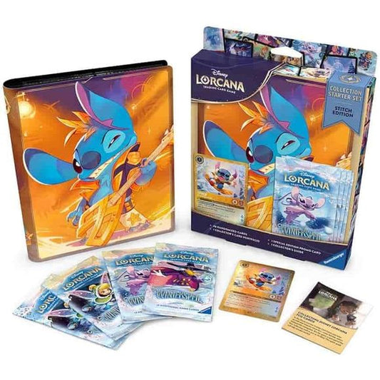 With everything needed to kick-start a collection, this Collection Starter Set is the perfect place for Disney fans to begin their magical collecting journey. Inside, they’ll find 4 Winterspell booster packs with 48 spectacularly illustrated cards. They can even keep these treasures safe with the special Stitch - Rock Star portfolio, which holds up to 80 cards. Adding a little extra sparkle, the Stitch – Carefree Snowboarder promo card features a stunning glimmer foil treatment.

Contents include:

• 4 Wint