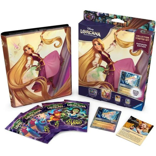 Let down your hair and swing into your gameplay and collecting journey with this stunning set. What more could you dream of—other than seeing the floating lanterns, of course.

Contents include:

• 4 Attack of the Vine! booster packs (each with 12 randomized cards for 48 cards total)
• 1 Rapunzel- High Climber card portfolio
• 1 “Glimmer foil” Rapunzel - Ethereal Protector promo card
• 1 Collector’s guide
