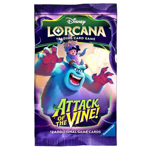 Release Date: 07/24/2026
Each Disney Lorcana: Attack of the Vine! Booster Pack contains 12 random cards:
• 6 Common cards
• 3 Uncommon cards
• 2 Rare or higher rarity cards
• 1 Foil card of random rarity
Booster Packs are available in 3 designs. Buyer will receive 1 out of the 3 designs
It's growing! It's invasive! Reaching into the sky, the thorny vine sprouts threats of all kinds, from vineling monsters to leafy duplicates of various glimmers. This blooming terror is scary. But why not fight scary with sc