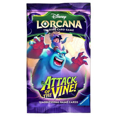 Release Date: 07/24/2026
Each Disney Lorcana: Attack of the Vine! Booster Pack contains 12 random cards:
• 6 Common cards
• 3 Uncommon cards
• 2 Rare or higher rarity cards
• 1 Foil card of random rarity
Booster Packs are available in 3 designs. Buyer will receive 1 out of the 3 designs
It's growing! It's invasive! Reaching into the sky, the thorny vine sprouts threats of all kinds, from vineling monsters to leafy duplicates of various glimmers. This blooming terror is scary. But why not fight scary with sc