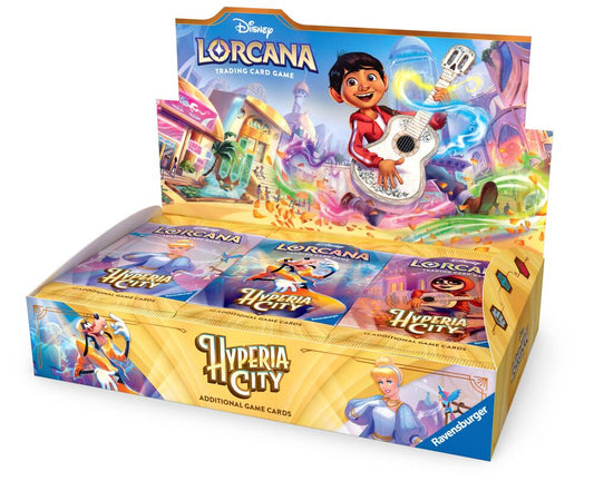 Release Date:10/23/2026
<p><strong>Disney Lorcana TCG: Hyperia City Booster Display</strong> brings players and collectors into a vibrant new setting filled with music, adventure, and familiar Disney characters. Hyperia City introduces new cards and strategies to Disney Lorcana while featuring the debut of Disney and Pixar’s Coco, making this booster display an exciting choice for expanding collections, upgrading decks, and discovering new favorite glimmers.</p>

<p>Each factory-sealed display contains 24 H