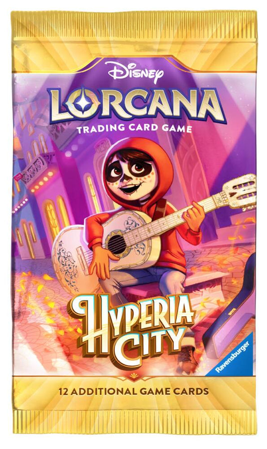 Release Date:10/23/2026
Each Disney Lorcana: Hyperia City Booster Pack contains 12 random cards:
• 6 Common cards
• 3 Uncommon cards
• 2 Rare or higher rarity cards
• 1 Foil card of random rarity
Booster Packs are available in 3 designs. Buyer will receive 1 out of the 3 designs