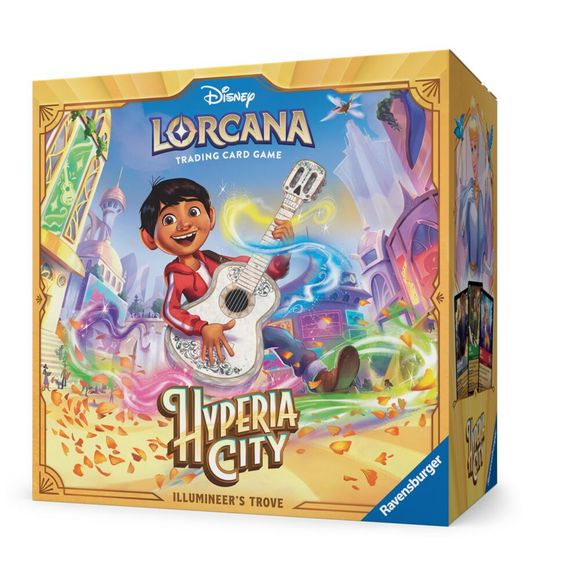 Release Date: 10/23/2026
<p><strong>Disney Lorcana TCG: Hyperia City – Illumineer’s Trove</strong> is a deluxe collection and storage set for Disney Lorcana players and collectors. Featuring artwork inspired by Hyperia City, the Trove provides booster packs to expand your collection along with useful accessories for organizing cards and tracking gameplay.</p>

<p>Each Illumineer’s Trove includes 8 Hyperia City booster packs with 12 cards per pack, 6 damage-counter dice, 6 card dividers, 1 lore counter, and