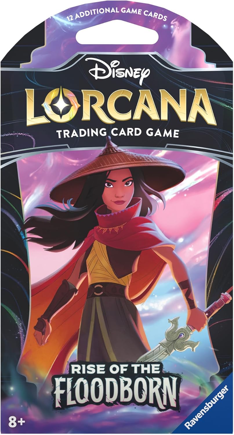 Each Disney Lorcana: Rise of the Floodborn Booster Pack contains 12 random cards.
Contents:
• 6 common cards
• 3 uncommon cards
• 2 rare, super rare, or legendary cards
• 1 foil card (random rarity level)