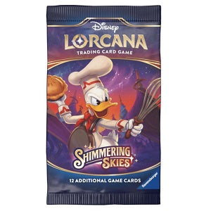 Each Disney Lorcana: Shimmering Skies booster pack contains 12 random cards.
Booster Pack Contents:
• 6 common cards
• 3 uncommon cards
• 2 rare, super rare, or legendary cards
• 1 foil card (random rarity level)
Booster Packs are available in 3 designs. Buyer will receive 1 out of the 3 designs
In Shimmering Skies, the realm of Lorcana holds a great festival to celebrate its recent victory over Ursula, achieved in the previous set, Ursula’s Return. While most of Lorcana participates in the vibrant, fun-fil