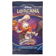 Each Disney Lorcana: Shimmering Skies booster pack contains 12 random cards.
Booster Pack Contents:
• 6 common cards
• 3 uncommon cards
• 2 rare, super rare, or legendary cards
• 1 foil card (random rarity level)
Booster Packs are available in 3 designs. Buyer will receive 1 out of the 3 designs
In Shimmering Skies, the realm of Lorcana holds a great festival to celebrate its recent victory over Ursula, achieved in the previous set, Ursula’s Return. While most of Lorcana participates in the vibrant, fun-fil