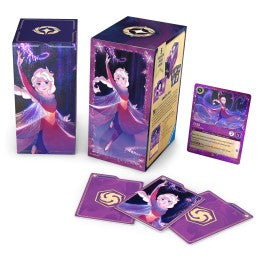 There's power in the tales we tell. Welcome to Disney Lorcana, a realm where magical stories come to life. Whether this is your first time playing the game or you're returning to team up with a few new pals, there's something for everyone in Fabled.
Contents
• 1 “Glimmer foil” Elsa – The Fifth Spirit promo card
• 5 Booster packs (each with 12 randomized cards)
• 1 Elsa storage box (holds up to 252 sleeved cards)
• 3 Punch-out dividers