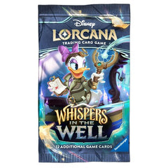 Each Disney Lorcana: Whispers in the Well Booster Pack contains 12 random cards:
• 6 Common cards
• 3 Uncommon cards
• 2 Rare or higher rarity cards
• 1 Foil card of random rarity
Booster Packs are available in 3 designs. Buyer will receive 1 out of the 3 designs