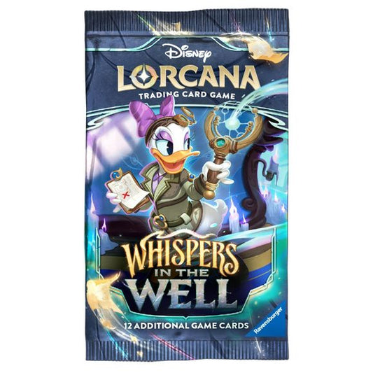 Each Disney Lorcana: Whispers in the Well Booster Pack contains 12 random cards:
• 6 Common cards
• 3 Uncommon cards
• 2 Rare or higher rarity cards
• 1 Foil card of random rarity
Booster Packs are available in 3 designs. Buyer will receive 1 out of the 3 designs