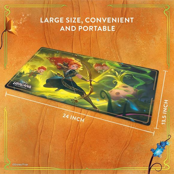 Release Date 5/15/2026
Enhance your Disney Lorcana experience with the Merida – Gifted Archer Playmat, featuring detailed artwork inspired by the courageous archer. The smooth fabric surface protects cards during gameplay and allows for easy movement, while the anti-slip backing helps keep the mat securely in place. Crafted from durable neoprene, this playmat provides ample room for arranging decks, tokens, and accessories. Its versatile design also makes it suitable for use as a desk mat or mouse pad, offe