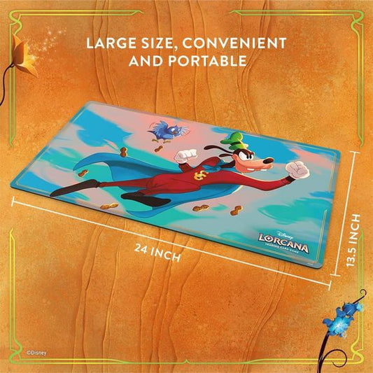 Release Date 5/15/2026
Enhance your gameplay experience with the Disney Lorcana TCG Goofy – Super Goof Playmat, featuring artwork inspired by this humorous hero. Designed to protect cards during play, the smooth fabric surface allows for easy card movement, while the anti-slip backing helps keep the mat securely in place. Made from durable neoprene material, this playmat offers ample room for arranging decks, lore trackers, and accessories. It also functions as a versatile desk mat or mouse pad, making it u