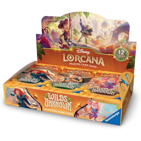 Release Date 5/15/2026
Each Disney Lorcana: Wilds Unknown Booster Box contains 24 booster packs with each booster pack containing 12 cards.
Stick Together
Brave glimmers of all shapes and plastics must traverse together through treacherous terrains to get back home. Make sure your batteries are fully charged for this incredible adventure that introduces Pixar glimmers to the game in this new 200+ card set!