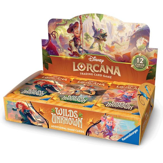 Release Date 5/15/2026
Each Disney Lorcana: Wilds Unknown Booster Box contains 24 booster packs with each booster pack containing 12 cards.
Stick Together
Brave glimmers of all shapes and plastics must traverse together through treacherous terrains to get back home. Make sure your batteries are fully charged for this incredible adventure that introduces Pixar glimmers to the game in this new 200+ card set!