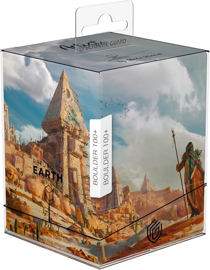 Venture into the exciting fantasy worlds of the next chapter of the Ultimate Guard Artist Edition: Follow an adventurer to the ruins of an abandoned desert city or unlock the mystery behind the blossoming tree in the midst of an icy wasteland. Artist Edition #2 motifs were created by artist Mario Renaud and are available not only as RTE Boulder 100+, but also as Play-Mat and Collector's Album'n'Case. The deck box can hold 100 (double-sleeved) or 120 (single-sleeved) cards of games such as Magic: The Gatheri