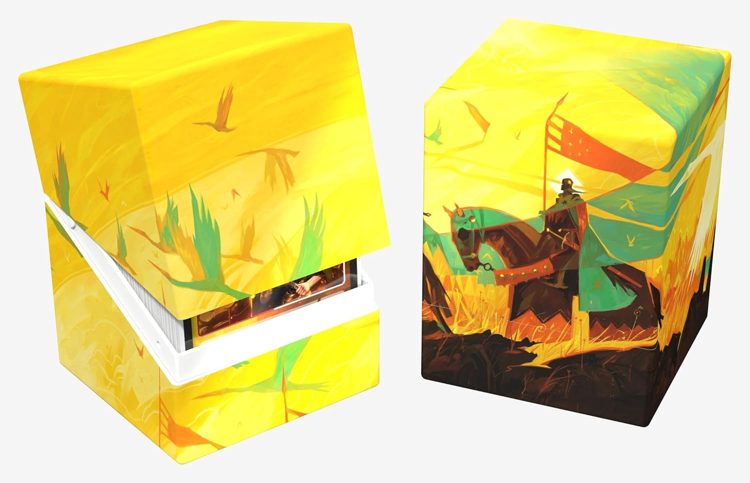 Ultimate Guard's RTE Boulder 100+ deck boxes are durable, reliable, and made in Germany from 78% renewable resources. Despite their secure closure, they remain easy and convenient to open. Each deck box holds 100 double-sleeved cards in Ultimate Guard sleeves, making them an ideal choice for trading card games like Magic: The Gathering, Pokémon, Lorcana, Flesh and Blood, Yu-Gi-Oh!, and One Piece. This Artist Edition #3 Duo Pack, designed by Magic: The Gathering artist Dominik Mayer, includes two RTE Boulder