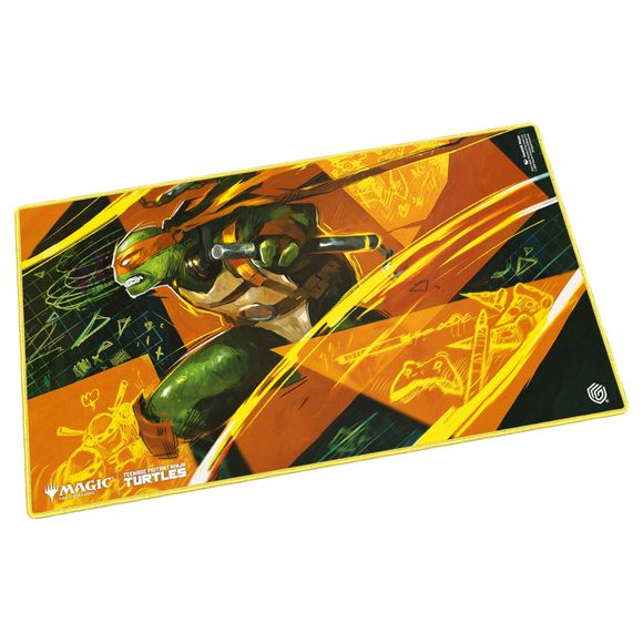 The 61x35cm Play-Mat protects cards and sleeves while playing and improves the gaming experience thanks to its anti-slip underside, while the stitched edges guarantee an even longer service life. The top side of the Play-Mat is printed with officially licensed artworks from Magic: The Gathering | Teenage Mutant Ninja Turtles.
