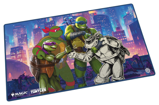 The 61x35cm Play-Mat protects cards and sleeves while playing and improves the gaming experience thanks to its anti-slip underside, while the stitched edges guarantee an even longer service life. The top side of the Play-Mat is printed with officially licensed artworks from Magic: The Gathering | Teenage Mutant Ninja Turtles.