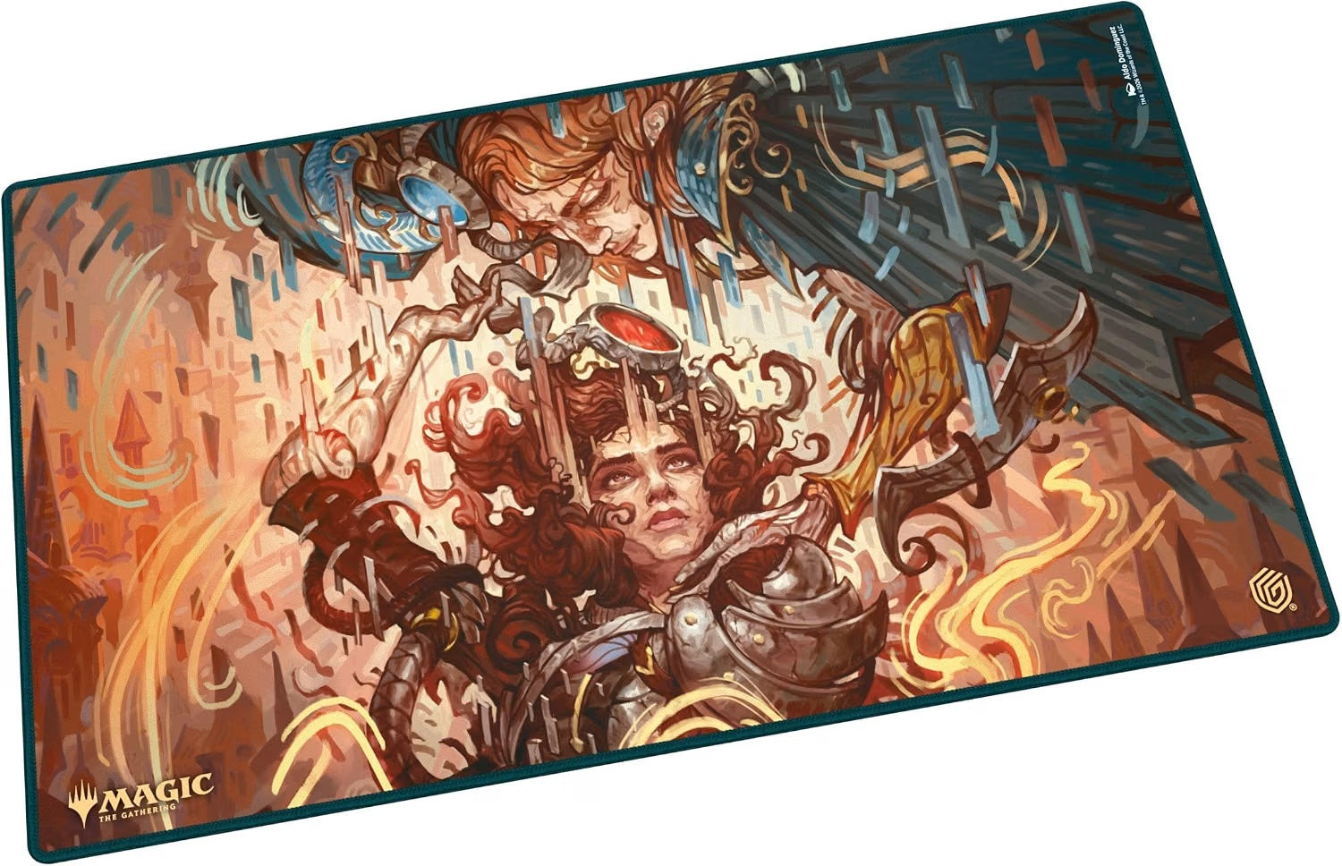 The 61x35cm Play-Mat protects cards and sleeves while playing and improves the gaming experience thanks to its anti-slip underside, while the stitched edges guarantee an even longer service life. The top side of the Play-Mat is printed with officially licensed artworks from Magic: The Gathering's upcoming set "Reality Fracture".