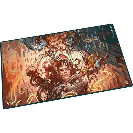 The 61x35cm Play-Mat protects cards and sleeves while playing and improves the gaming experience thanks to its anti-slip underside, while the stitched edges guarantee an even longer service life. The top side of the Play-Mat is printed with officially licensed artworks from Magic: The Gathering's upcoming set "Reality Fracture".