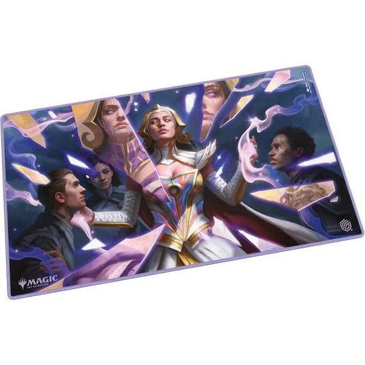 The 61x35cm Play-Mat protects cards and sleeves while playing and improves the gaming experience thanks to its anti-slip underside, while the stitched edges guarantee an even longer service life. The top side of the Play-Mat is printed with officially licensed artworks from Magic: The Gathering's upcoming set "Reality Fracture".