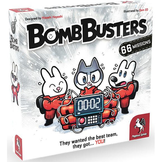 Breathe slowly and remember your training…focus…just cut the blue wire… (a bead of sweat rolls down your face)… wait…I can’t tell—is that wire blue or red?

Bomb Busters is an exciting cooperative deduction game for a stalwart team of bomb disposal experts ready to face 66 escalating explosive challenges.

Endlessly replayable, Bomb Busters is filled with delightful, pulse-pounding moments as you collaborate to safely navigate each mission’s unique challenge and foil the plans of the nefarious villains that