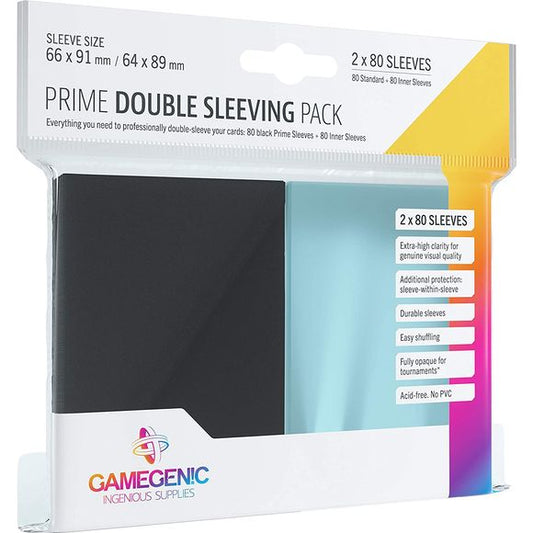 Card sleeving is the standard kind of protection in all card games. To increase this protection most players add a smaller, inner sleeve (sleeve-within-sleeve) to seal their valuable cards from all sides. This Double Sleeving Pack contains both inner sleeves and regular sleeves to provide a maximum of protection for up to 80 cards. Inner and outer sleeves match perfectly to make double sleeving fast and easy. Both sleeves are extra clear for perfect visibility with unaltered colors or contrast of the contai