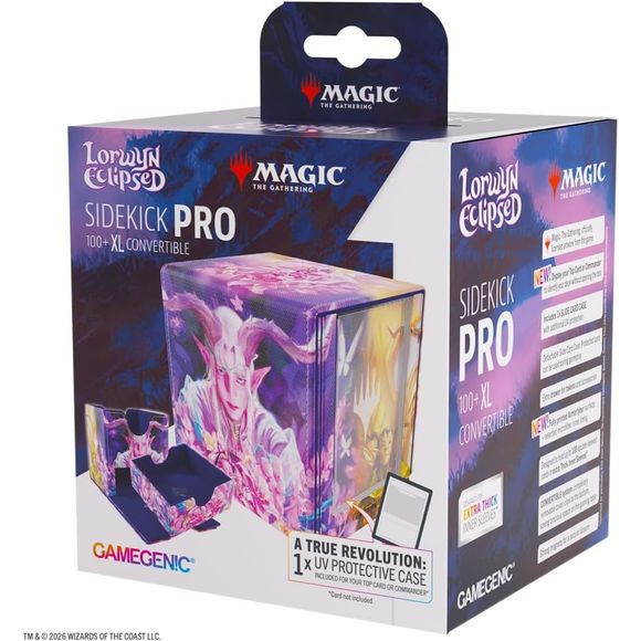 The Sidekick PRO 100+ XL is a premium deck box featuring officially licensed artwork in 2 designs from the game. Designed for functionality and style, it holds 100+ double-sleeved cards in a sideloading position, with additional space for tokens and a UV-protected Slide Card Case at the front. The Slide Card Case is seamlessly integrated into the front of the box and can be removed for use during gameplay, allowing players to display their Commander card while keeping it fully protected at all times. A hidd