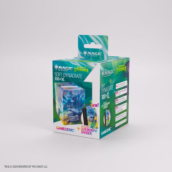 The ingenious Soft Dynacrate 100+ XL is a unique product on the market: It includes our successful Sizemorph Divider that perfectly adapts to the amount of cards inside the box. This makes it perfect for players who want to store standard size decks with token cards and sideboard, OR players with a double-sleeved Commander deck of 100 cards. On top of that, the Soft Dynacrate 100+ XL has an innovative self-lock mechanism, keeping cards securly locked in during transportation. It is fully printed with vibran