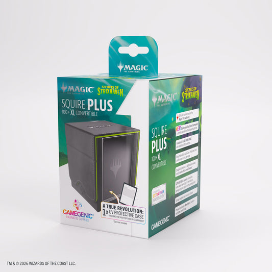 The Squire PLUS 100+ XL is a premium deck box featuring officially licensed artwork from the game, showcased on a full-color printed Armorfyber surface with high visual impact. It offers a clear innovation: display your Top Card or Commander without opening the box. The included Slide Card Case keeps your card UV-protected, easily visible for deck recognition, and can be detached for use during gameplay, keeping your card protected at all times. The box holds 100 double-sleeved cards, even with extra Thick