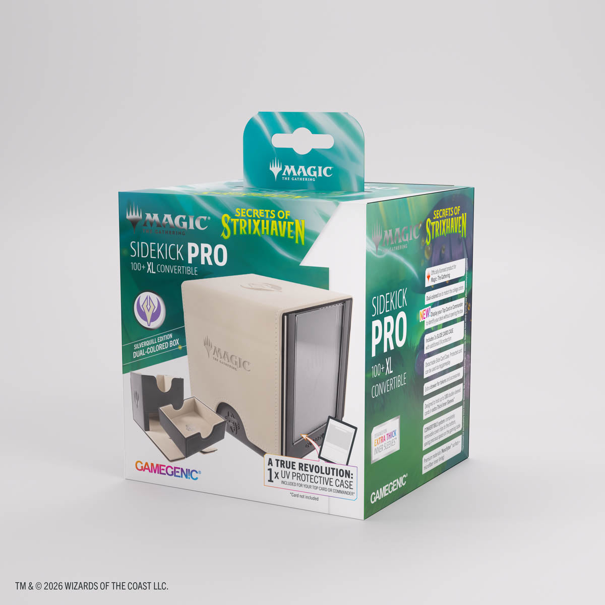 Designed for functionality and style, it holds 100+ double-sleeved cards in a sideloading position, with additional space for tokens and a UV-protected Slide Card Case at the front. The Slide Card Case is seamlessly integrated into the front of the box and can be removed for use during gameplay, allowing players to display their Commander card while keeping it fully protected at all times. A hidden, sturdy drawer provides extra storage for tokens or dice, ensuring all gaming essentials stay organized. The b