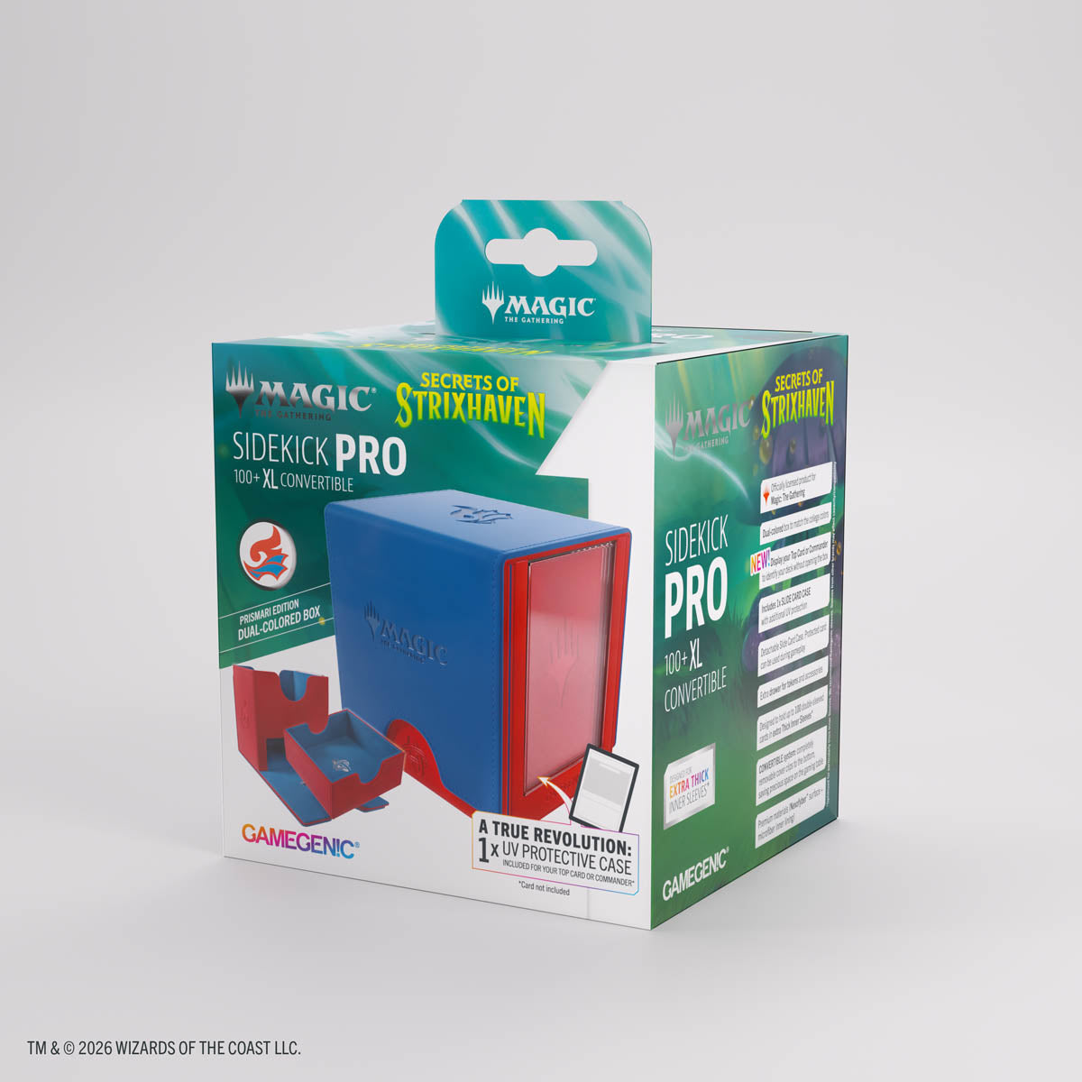 Designed for functionality and style, it holds 100+ double-sleeved cards in a sideloading position, with additional space for tokens and a UV-protected Slide Card Case at the front. The Slide Card Case is seamlessly integrated into the front of the box and can be removed for use during gameplay, allowing players to display their Commander card while keeping it fully protected at all times. A hidden, sturdy drawer provides extra storage for tokens or dice, ensuring all gaming essentials stay organized. The b