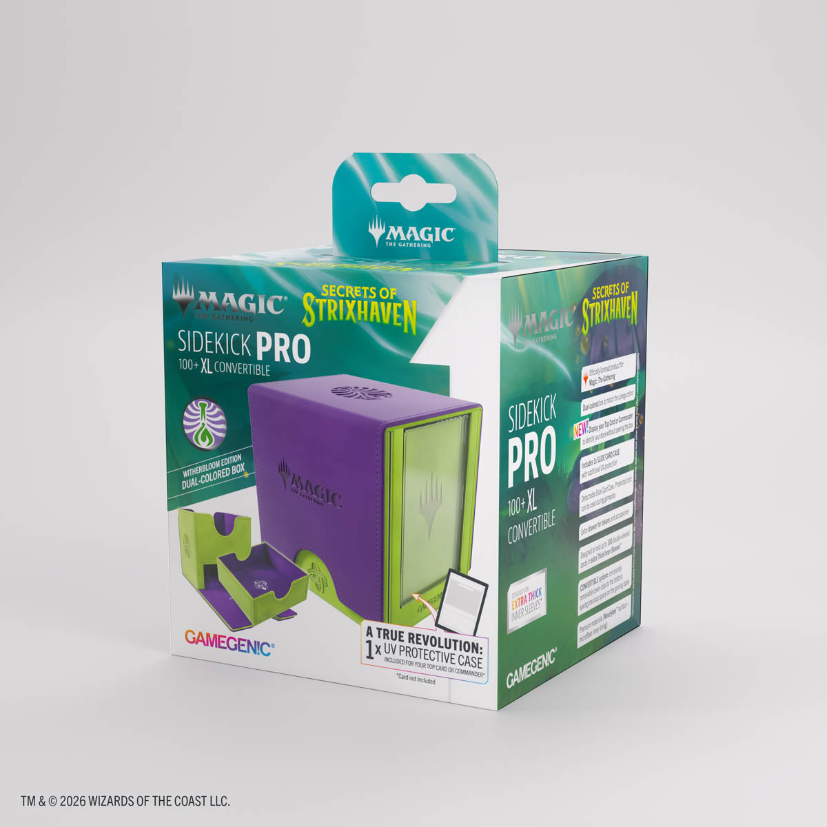 Designed for functionality and style, it holds 100+ double-sleeved cards in a sideloading position, with additional space for tokens and a UV-protected Slide Card Case at the front. The Slide Card Case is seamlessly integrated into the front of the box and can be removed for use during gameplay, allowing players to display their Commander card while keeping it fully protected at all times. A hidden, sturdy drawer provides extra storage for tokens or dice, ensuring all gaming essentials stay organized. The b