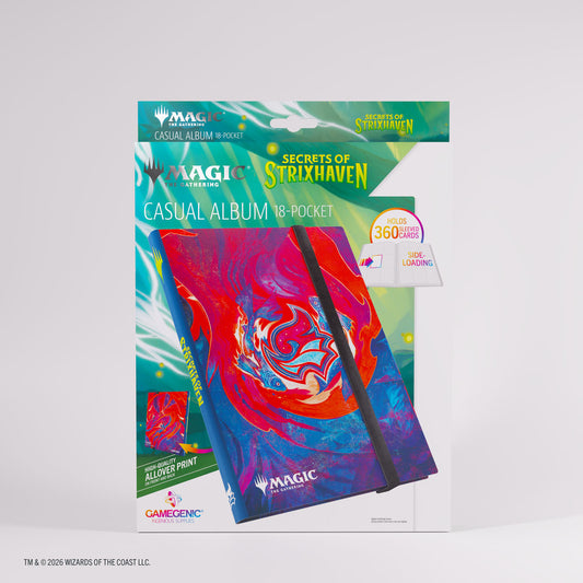 Protect and organize your collection with the Magic: The Gathering Secrets of Strixhaven Casual Album 18-Pocket. Designed for collectors and players alike, this officially licensed softcover binder offers reliable storage combined with striking Strixhaven artwork printed on both the outside and inside covers. The album includes 20 durable pages with 18 side-loading pockets per page, providing space for up to 360 cards—even double-sleeved. The side-loading design helps prevent cards from slipping out, while