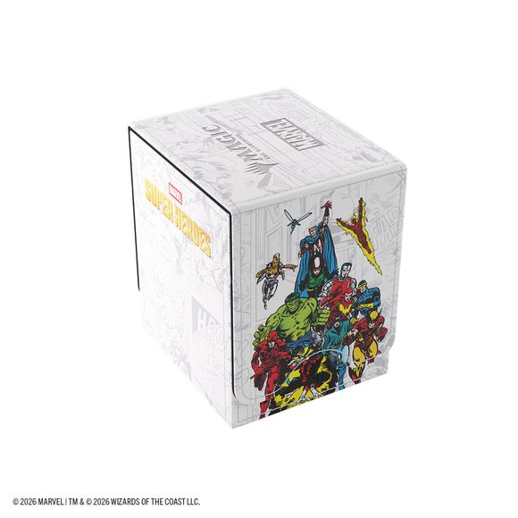 HOLDS 100+ DOUBLE-SLEEVED CARDS: Designed to store up to 100 double-sleeved cards even with extra thick inner sleeves, ideal for Commander decks.

CONVERTIBLE ACCESS SYSTEM: Fully removable lid clips onto the bottom of the box, saving table space and allowing convenient card access during gameplay.

SECURE MAGNETIC CLOSURE: Powerful magnets keep the deck box safely closed during storage and transport.

PREMIUM MATERIALS & ARTWORK: Features officially licensed Magic: The Gathering x Marvel Super Heroes artwo
