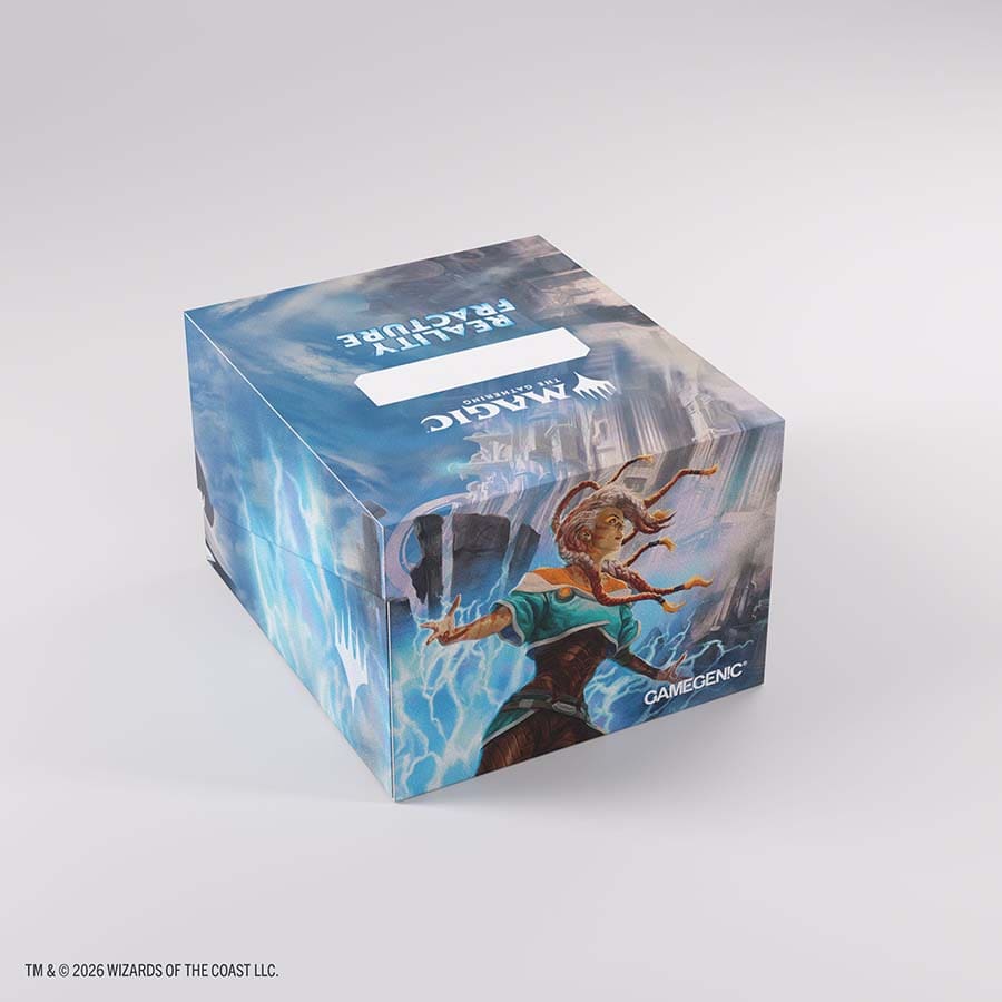 Carry and protect your Commander deck with the Magic: The Gathering Reality Fracture Soft Crate 100+ XL Sideloading featuring Tam Beleren, Conflicted/Jace, Building Reality. This MTG deck box holds up to 100 double-sleeved cards in extra-thick inner sleeves or up to 120 single-sleeved cards. An integrated token box provides storage for dice, counters, and other accessories. Both compartments feature a secure smart click-lock mechanism, making this compact sideloading deck box a practical choice for Commande